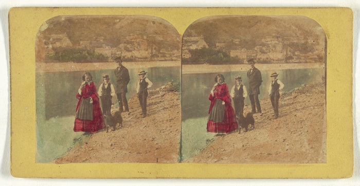Unknown:[Family walking along shoreline with pet dog],16x12