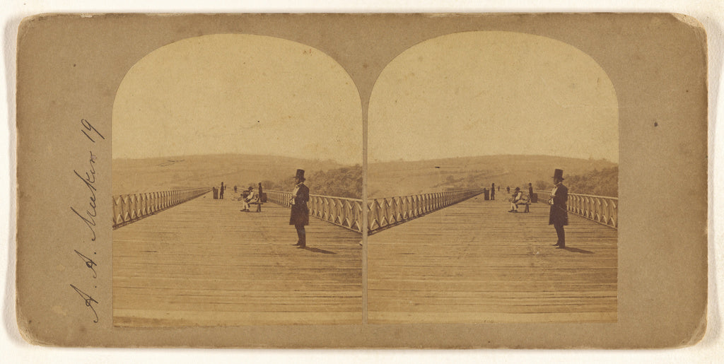 Unknown:[Man with top hat standing on long wooden bridge], Poster Print Wall Art