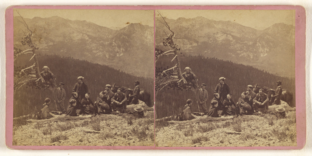 Unknown:[Group of people on a hillside, mountains and valley, Poster Print Wall Art