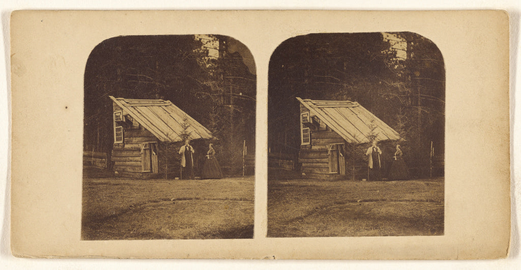 Unknown:[Couple standing before a log cabin], Poster Print Wall Art