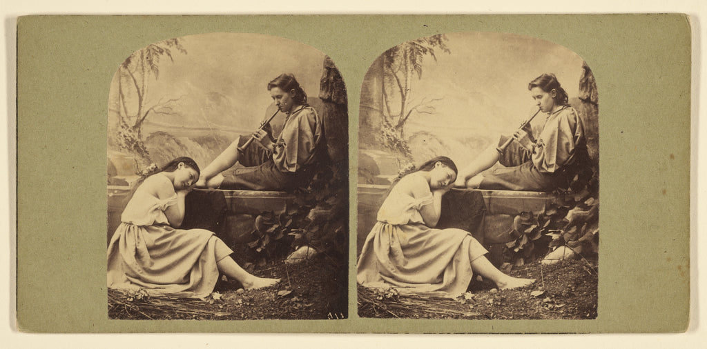 Lecocq-Frêné:[Genre scene: boy playing flute, girl at his , Poster Print Wall Art