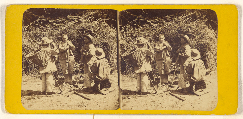 Unknown:[Four young men digging in a garden], Poster Print Wall Art