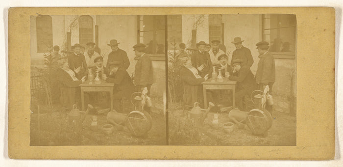 Unknown:[Men around a table outside, decanters on top],16x12
