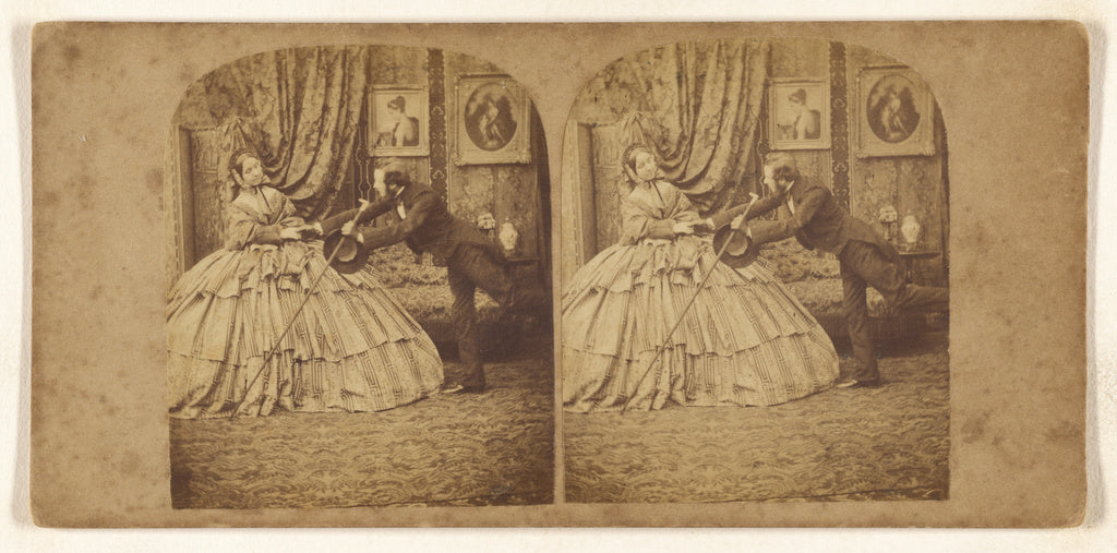 Unknown:[Genre: man trying to hold the hand of woman in hoop, Poster Print Wall Art