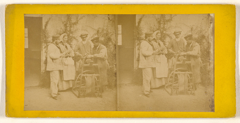 Unknown:[Man sharpening knife, three others observing], Poster Print Wall Art