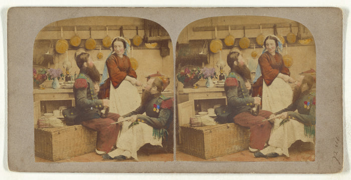 Unknown:[Two bearded men in a kitchen, with a woman who is p,16x12