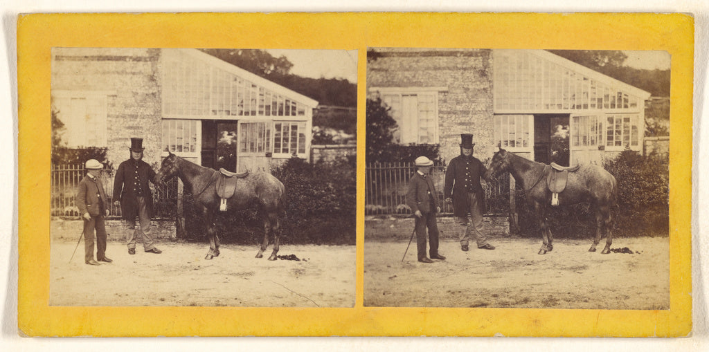 Unknown:[Man wearing top hat, holding horse, young boy in ca, Poster Print Wall Art