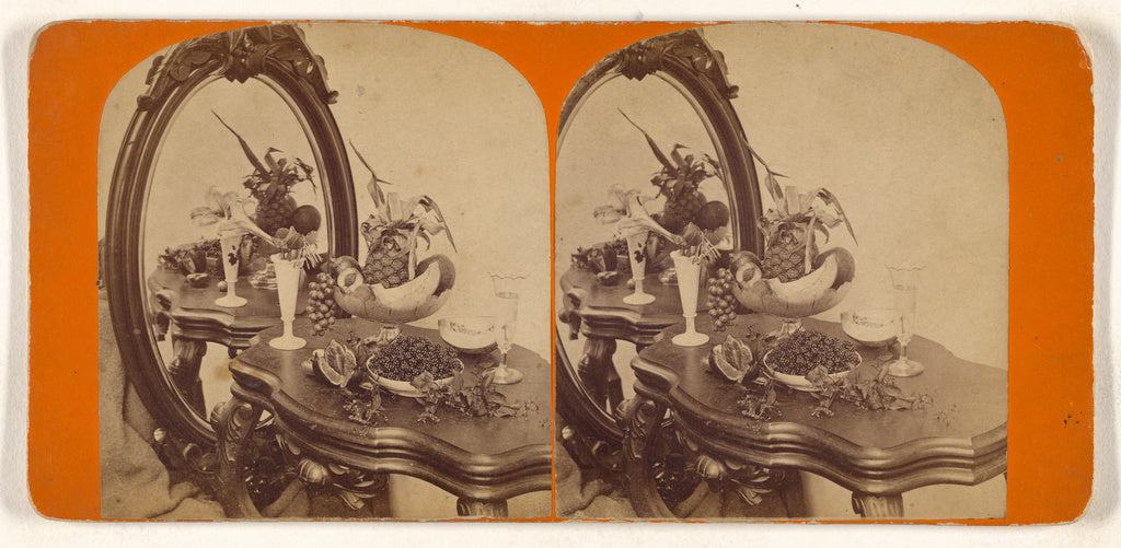 Unknown:[Bowls of fruit, vase of flowers, on table with mirr, Poster Print Wall Art