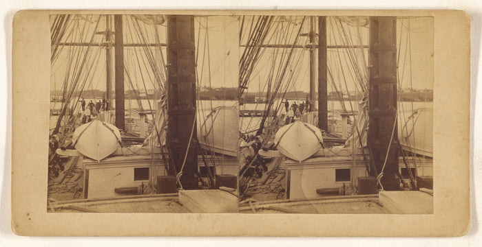 Unknown:[Deck view of a large sailboat, people in background,16x12