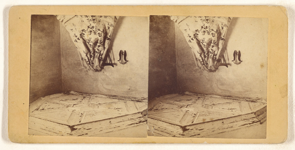 Unknown:[Room with odd ceiling, chair draped with patterned , Poster Print Wall Art