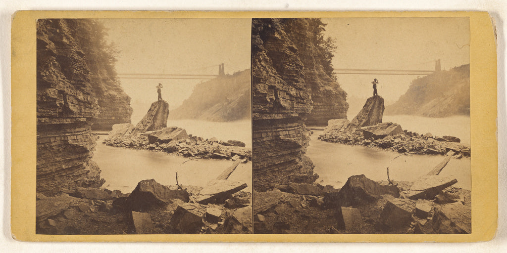 Unknown maker, British:[Man standing on rock in stream, brid, Poster Print Wall Art