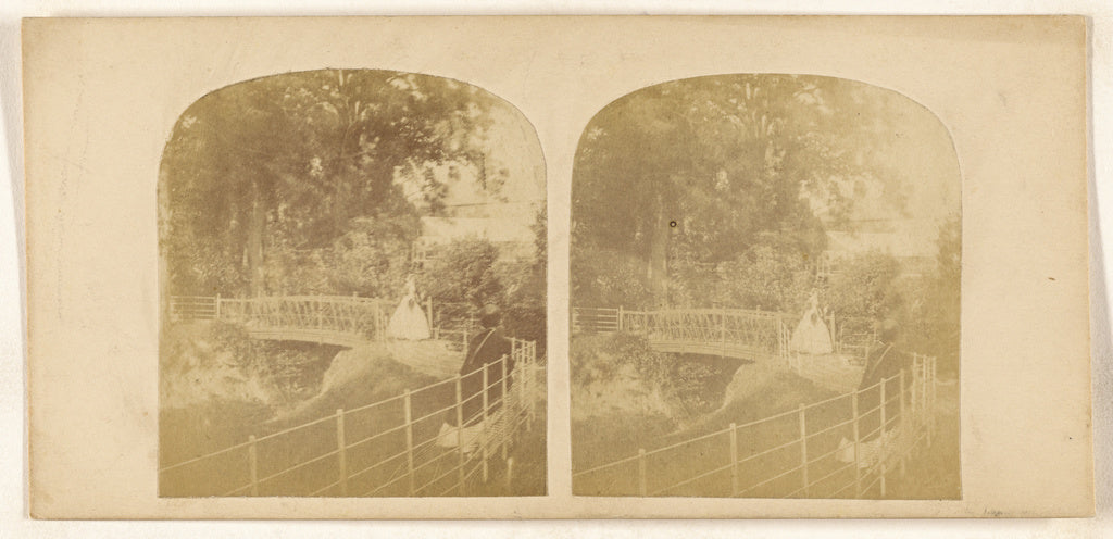 Unknown maker, British:[Two women crossing footbridge over s, Poster Print Wall Art
