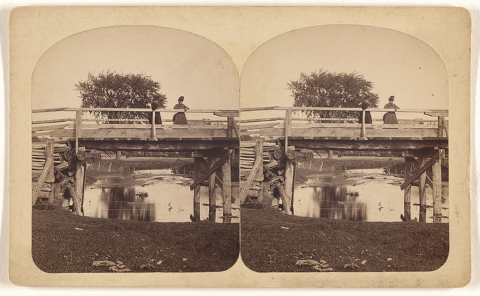 Ottomar Tarecki:[Two women standing on a wooden bridge, shal,16x12