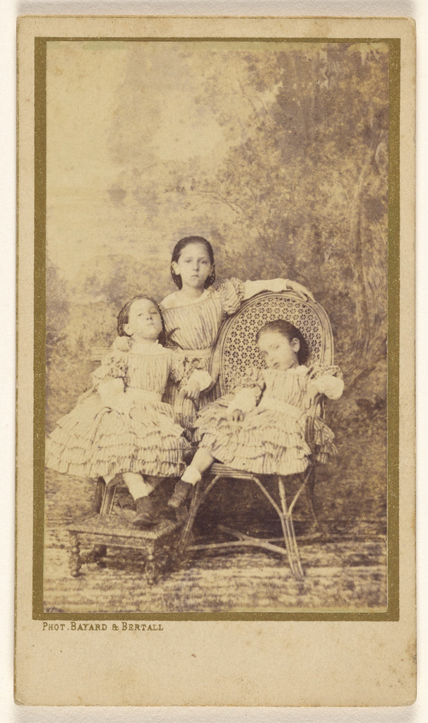 Bayard & Bertall:[Three little girls posed on chairs in a st, Poster Print Wall Art