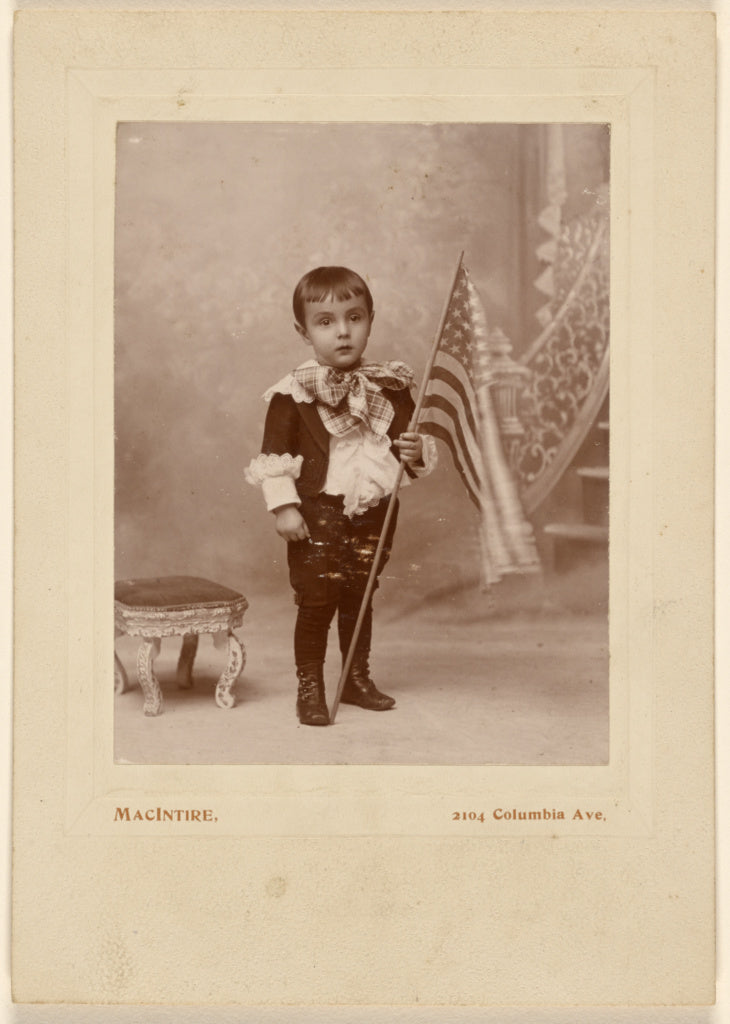 MacIntire:[Little boy standing, holding an American flag], Poster Print Wall Art