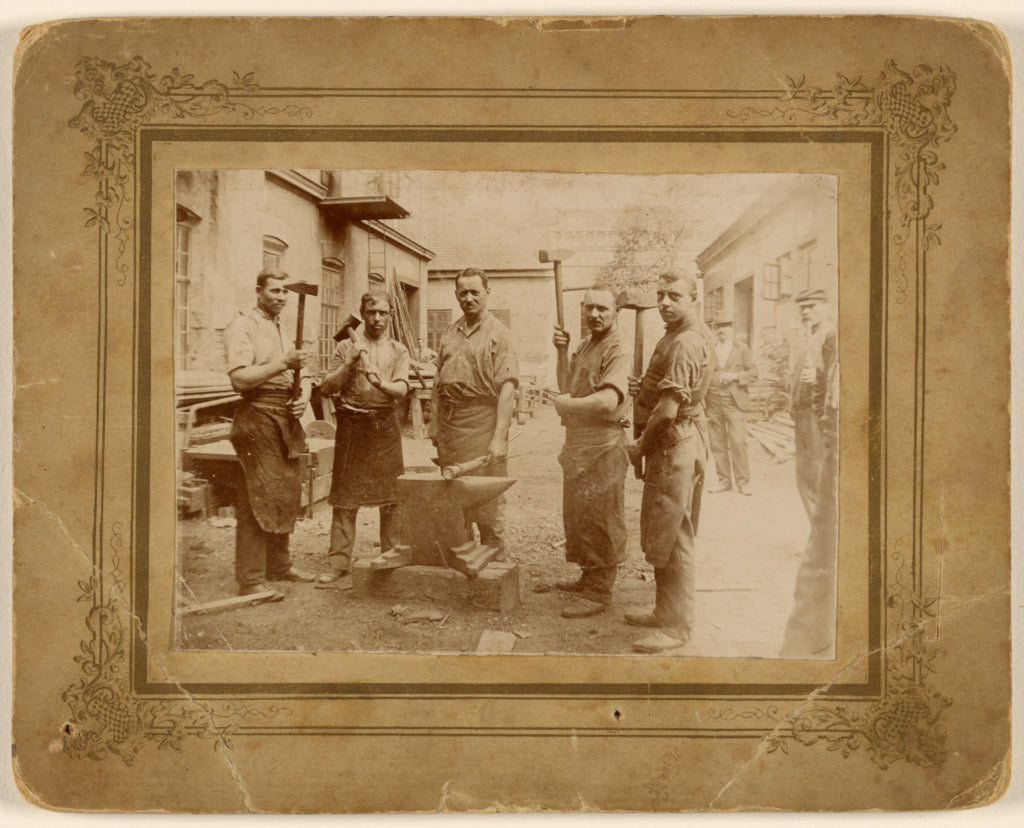Unknown:[Five blacksmiths near an anvil, each holding a larg, Poster Print Wall Art