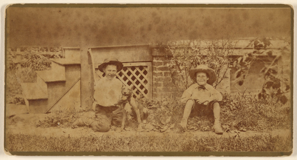 Unknown:[Two boys seated on ground with a dog], Poster Print Wall Art