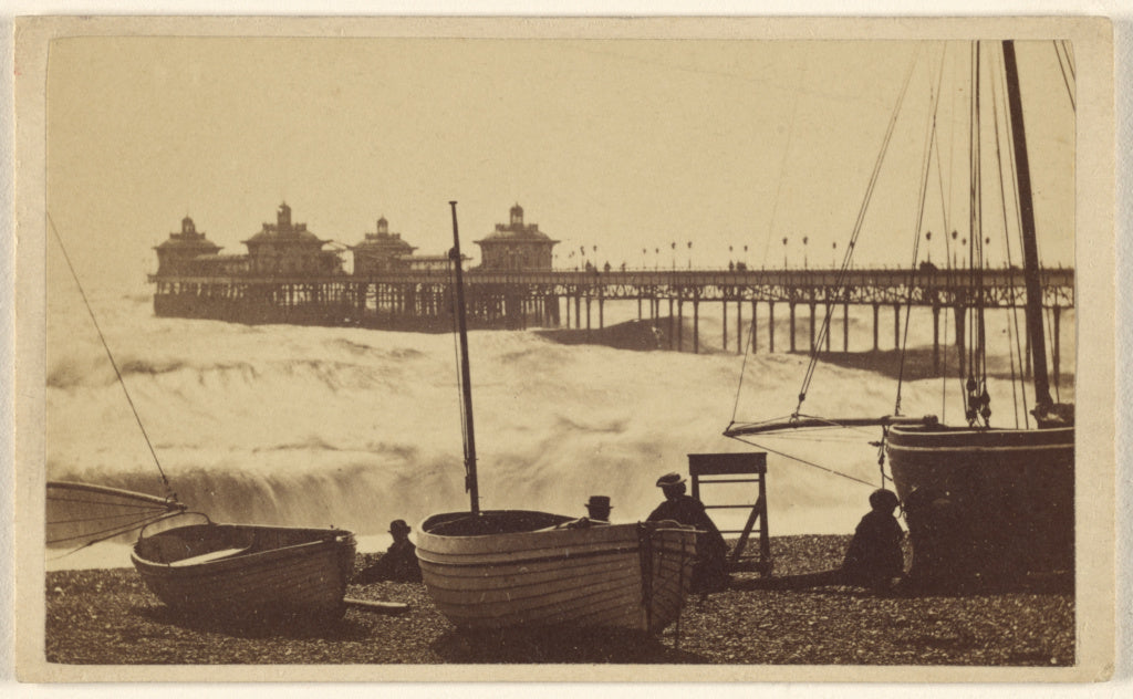 William H. Mason:[Beach view with pier, boats, and men at Br, Poster Print Wall Art