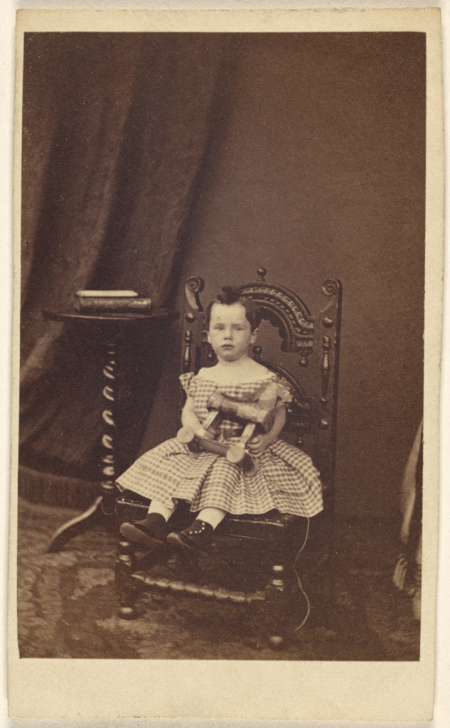 Unknown:[Unidentified little girl holding a toy wooden horse, Poster Print Wall Art