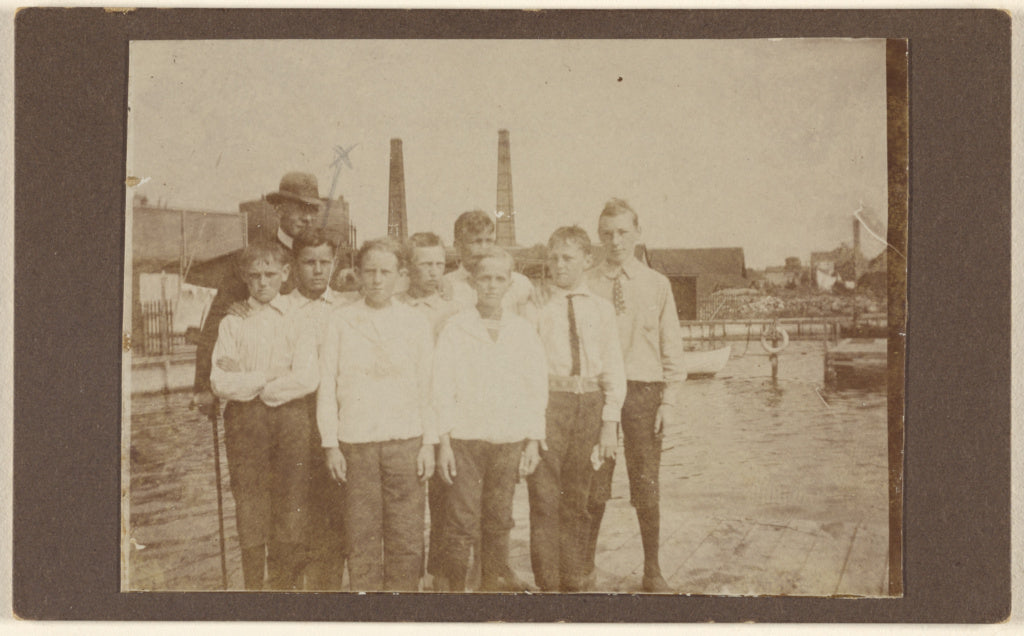 Unknown:[Eight young men standing on a dock near a river, wi, Poster Print Wall Art
