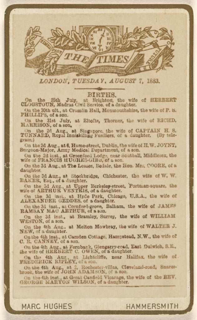 Marc Hughes:[Birth annoucement page from "The Times," London, Poster Print Wall Art