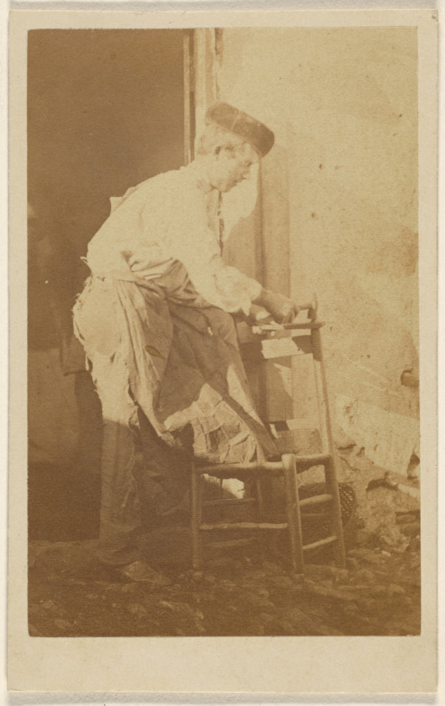 Unknown:[Man in a round cap, repairing a chair], Poster Print Wall Art