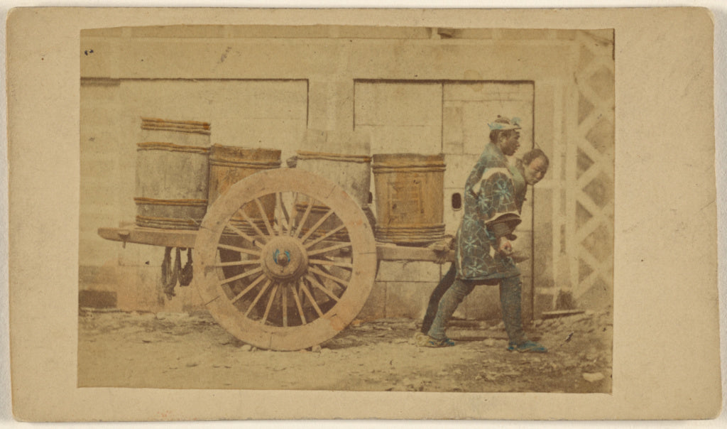 Unknown:[Two Chinese coolies pulling a cart with barrels], Poster Print Wall Art
