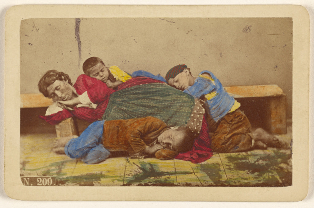 Giorgio Conrad:[Gypsy mother and three children alseep on be, Poster Print Wall Art