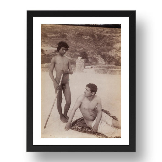 1 standing and 1 sitting Sicilain Male Nudes, historic homo-erotic photograph by Wilhelm von Gloeden, 17x13" Frame