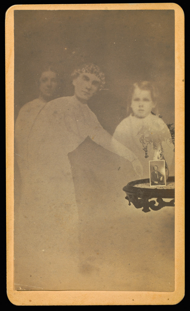 William H. Mumler:[Three "spirits" with a photograph on a ta, Poster Print Wall Art