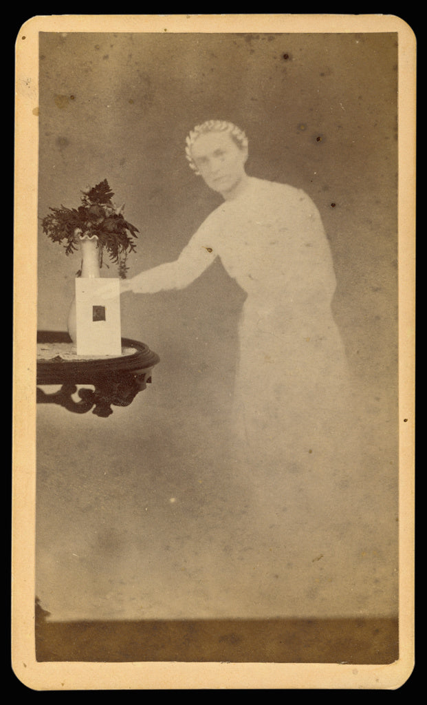 William H. Mumler:[Female "spirit" standing next to a table , Poster Print Wall Art