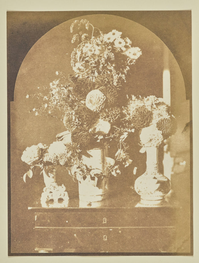 Hippolyte Bayard:[Still Life - Three Vases of Flowers],16x12