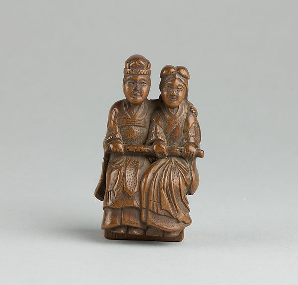 Netsuke of Man and Woman Sitting on a Box 19th cent,  Poster Print Wall Art