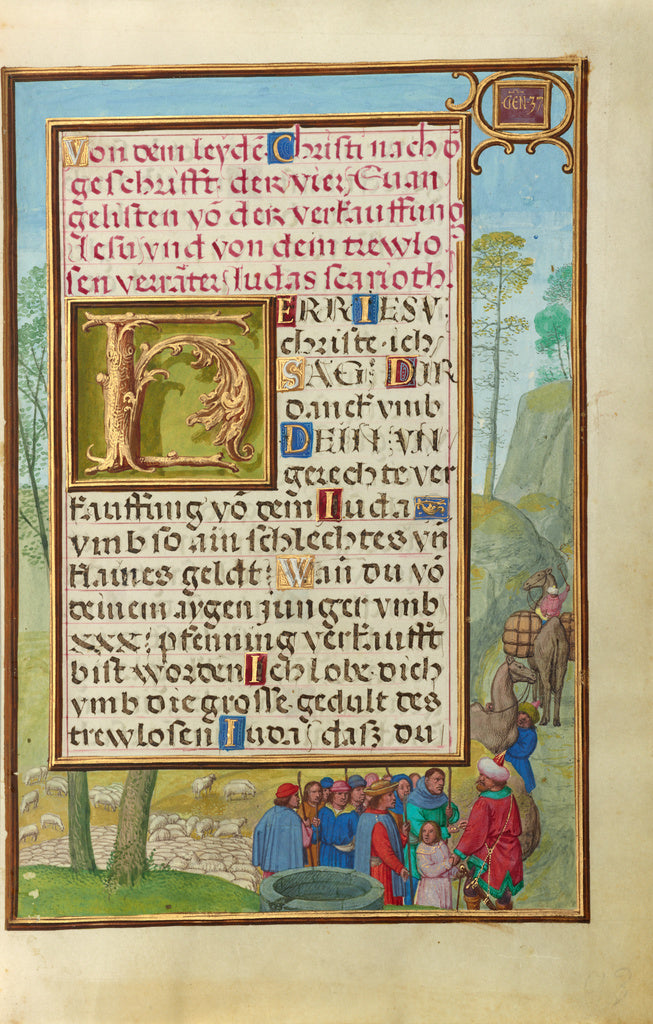 Simon Bening:Border with Joseph Being Sold by His Brothers, Poster Print Wall Art