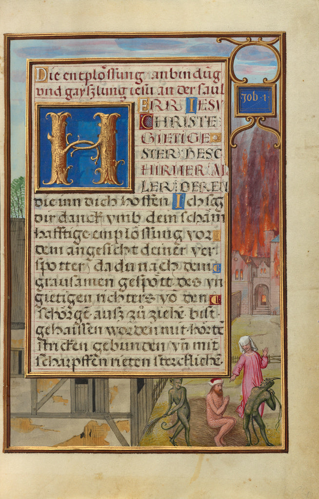 Simon Bening:Border with Job Mocked by His Wife and Tormente, Poster Print Wall Art