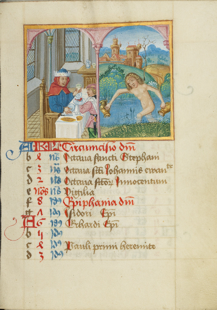 Unknown:January Calendar Page; Feasting; Aquarius, Poster Print Wall Art