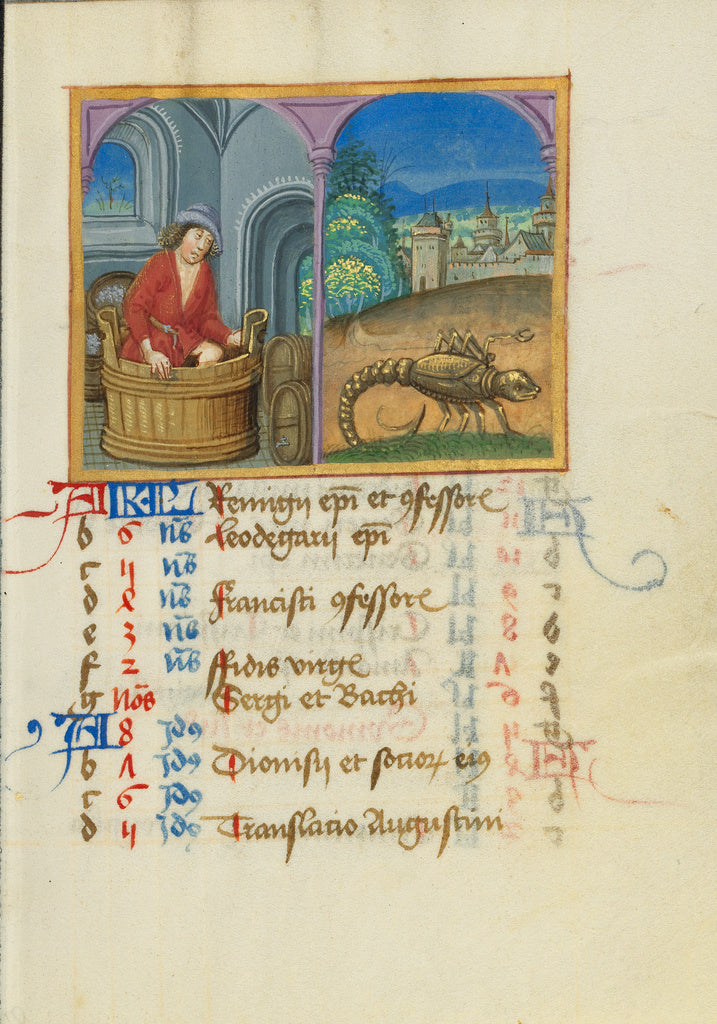 Unknown:October Calendar Page; Treading Grapes; Scorpio, Poster Print Wall Art