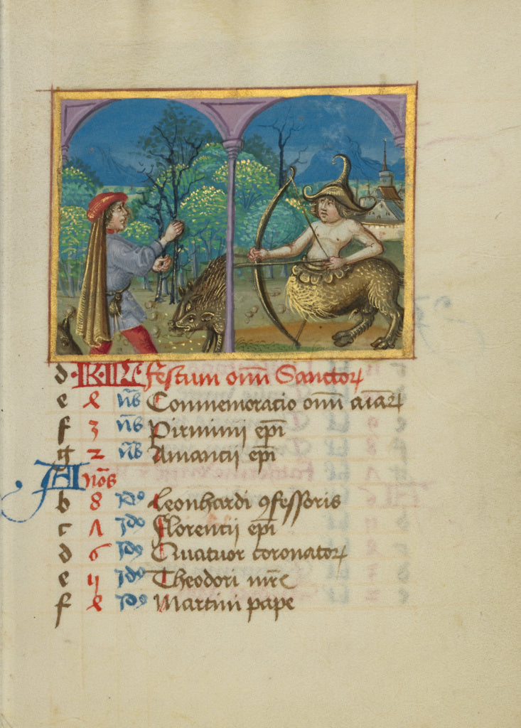 Unknown:November Calendar Page; Gathering Acorns for Pigs; S, Poster Print Wall Art