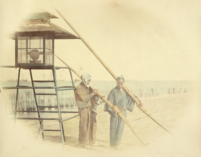 Felice Beato:[Two Men with Oars Standing Next to a Lantern],16x12