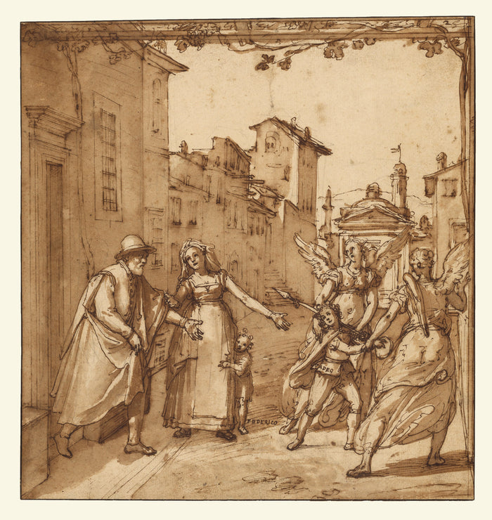 Federico Zuccaro:Taddeo Leaving Home Escorted by Two Guardia,16x12