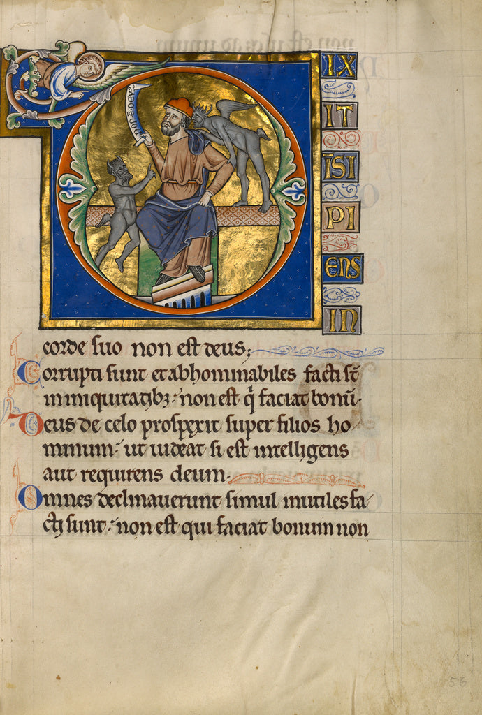 Master of the Ingeborg Psalter:Initial D: The Fool with Two , Poster Print Wall Art
