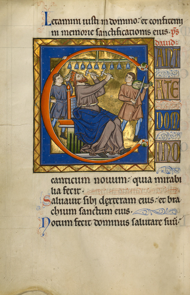 Master of the Ingeborg Psalter:Initial C: David Playing Bell, Poster Print Wall Art