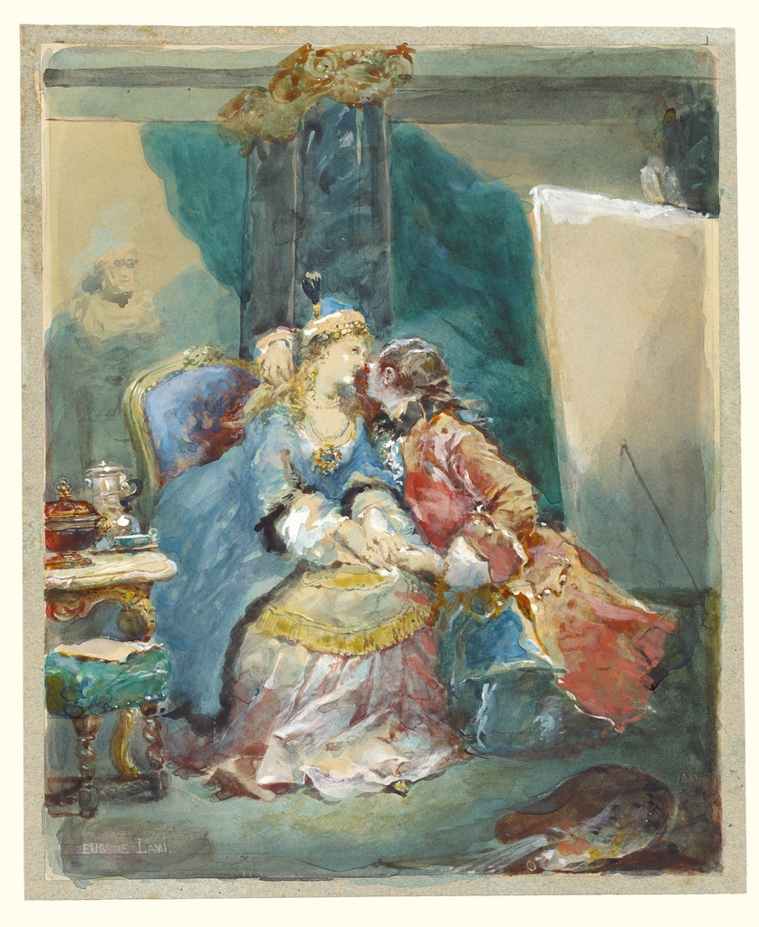 Eugène Louis Lami:A Couple Embracing in an Artist's Studio,16x12"(A3)Poster