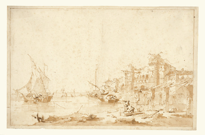 Francesco Guardi:An Imaginary View of a Venetian Lagoon, wit,16x12