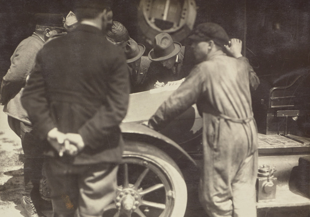 Fédèle Azari:[Men grouped around the hood of a car], Poster Print Wall Art