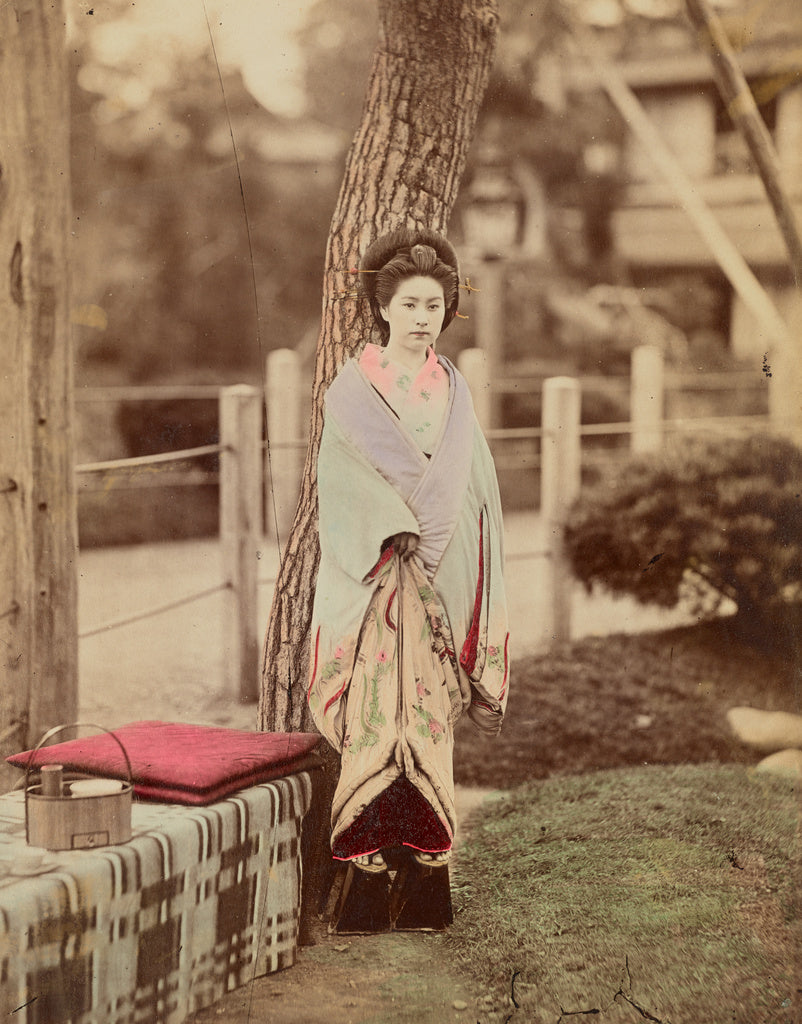 Kusakabe Kimbei:[Girl standing near tree], Poster Print Wall Art
