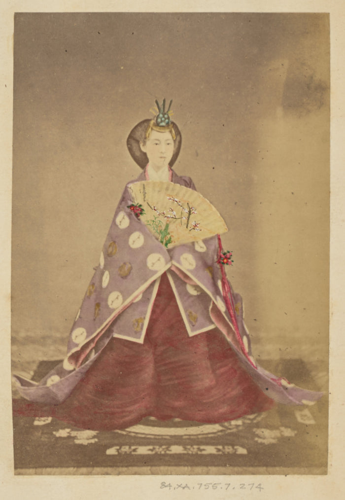Felice Beato:[Elegantly Dressed Japanese Woman Holding a Fan,16x12