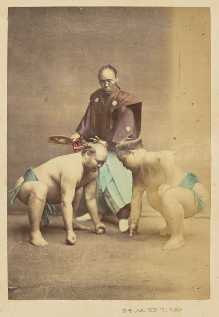 Felice Beato:[Two Japanese Sumo Wrestlers Posed with Referee, Poster Print Wall Art