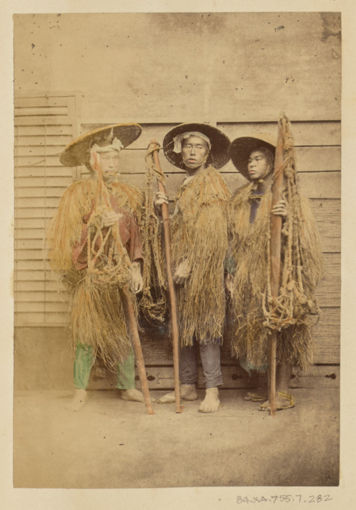 Felice Beato:[Three Japanese Men in Grass Robes and Wide-Bri, Poster Print Wall Art