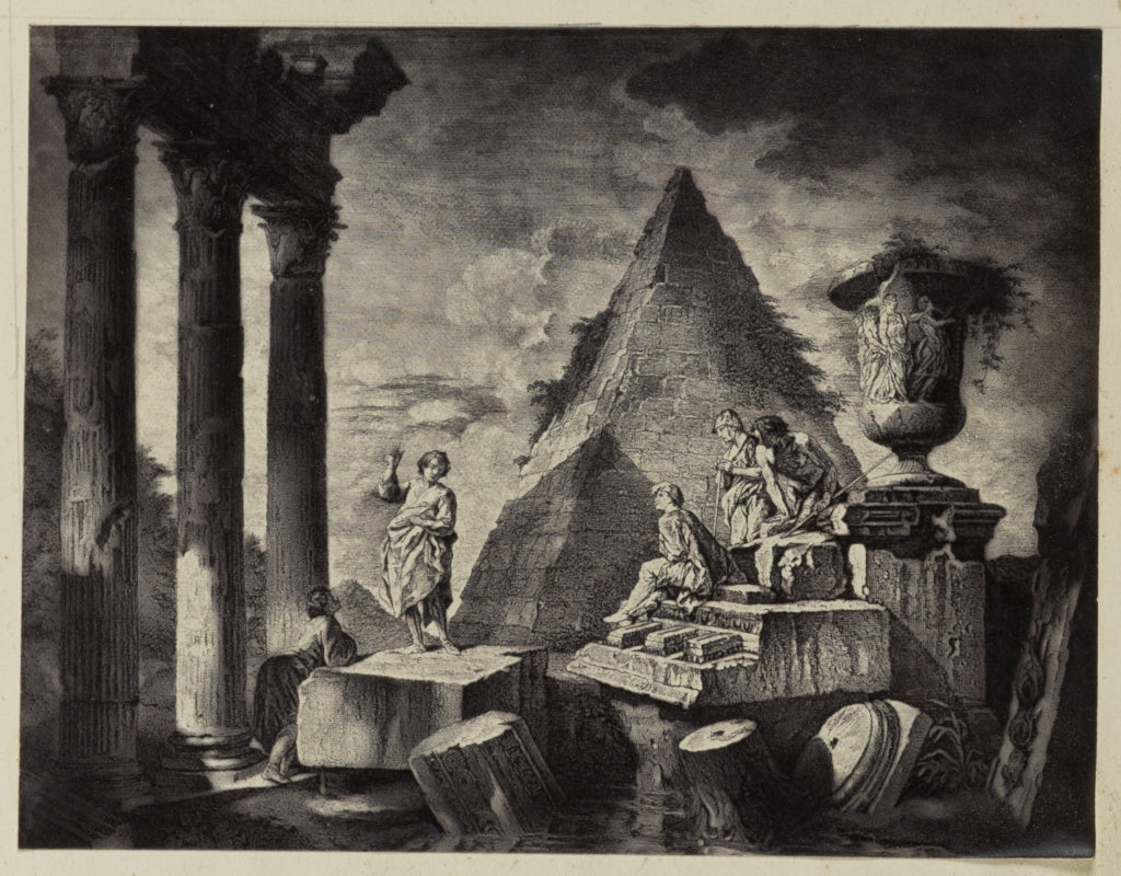 Unknown maker:[Painting of figure in front of pyramid], Poster Print Wall Art
